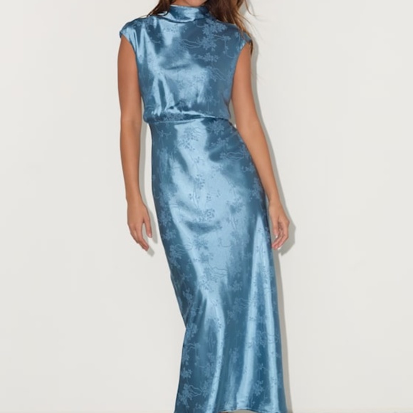 Lulus Dresses & Skirts - Lulus Gia Slate Blue Satin Jacquard Cutout Midi Dress - Size XL